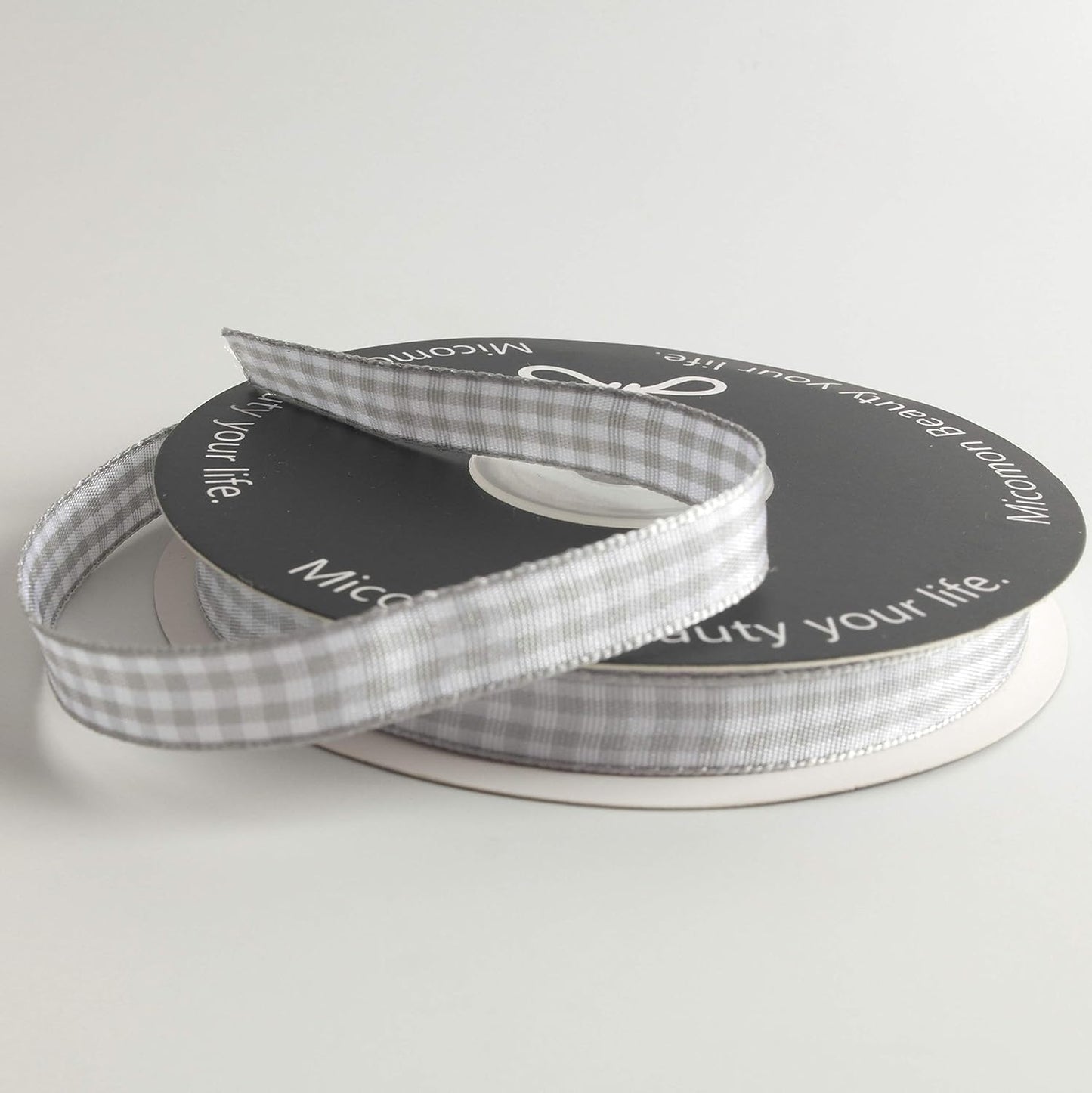 Gray Gingham Plaid Checked Ribbon 25 Yards Each Roll 100% Polyester (3/8",Gray)