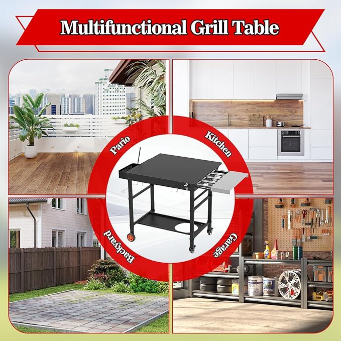 Grill Table for Oon Pizza Oven Accessories, Ninja Pizza Oven Table with Extendable Desk - Fit Gozney, Solo Stove, Durable Outdoor Grill Cart Stand with Food Prep Topping Station for Backyard