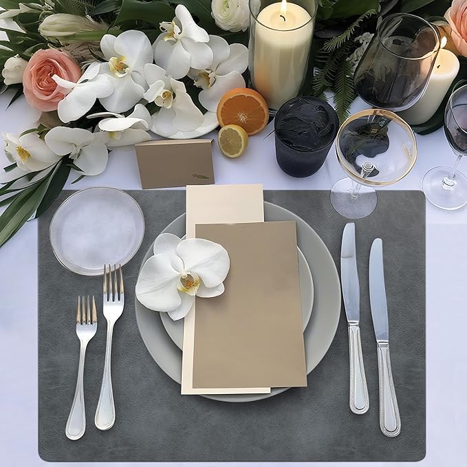 Roxifina Faux Leather Placemats Set of 4 - Vinyl Placemats Wipeable Waterproof Oil-Proof PU Place Mats Heat Resistant Reversible Table Mats for Dining, Kitchen, Outdoor, 12 x 17 Inch (Gray)