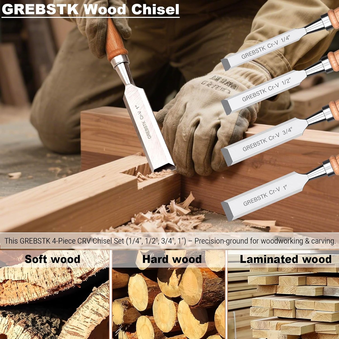 GREBSTK 4 Pcs Wood Chisel Set, CRV Steel Bevel Sharp Edge Bench Chisels with Canvas Bag, Comfortful Beech Handle, for Woodworking and DIY Projects, 9.5"x(1/4", 1/2", 3/4", 1")