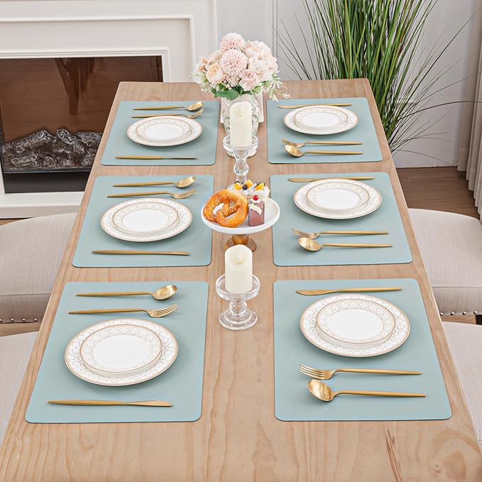 SHACOS Placemats Set of 6 Faux Leather Waterproof Leakproof Wipeable PU Non-Slip Vinyl Place Mats Heat Resistant Table Mats for Kitchen Dining Table Indoor Outdoor, Pale Green