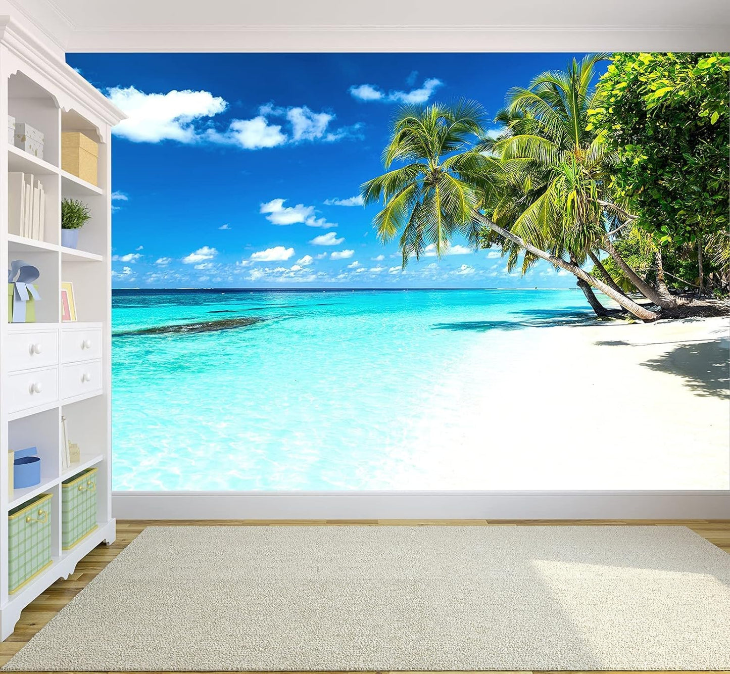 Palm Tree Wall Mural Tropic Paradise Beach Seascape Murals Wallpaper for Walls Bedroom Living Room Bedroom TV Background Kids Room Decoration(Not Peel and Stick)