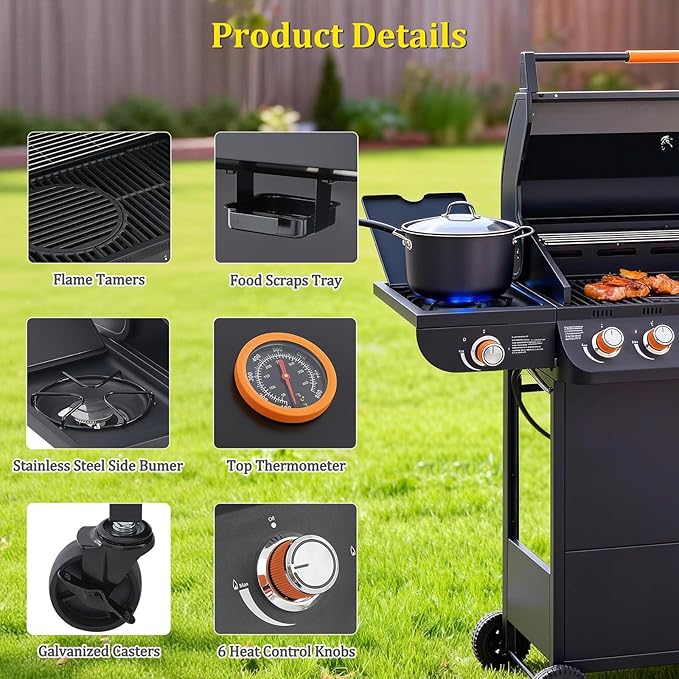 Unovivy Large 6-Burner Propane Gas Grill with Side Burner & Porcelain-Enameled Cast Iron Grates, BBQ Grills with Built-in Thermometer, 72,000 BTU Barbecue Grill, Oil Tray, Outdoor Patio Garden