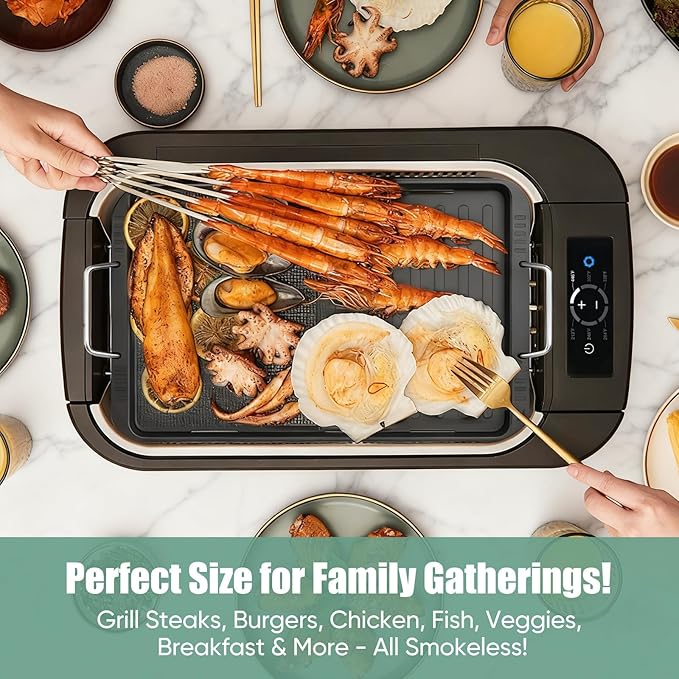 Smokeless Indoor Grill, Amornest Electric Indoor Grill 1100W for Korean BBQ with Dual Turbo Smoke Extractor, LED Smart Display & Dual-Zone Nonstick Grills Plate, 6-Level Temp Control, Dishwasher Safe