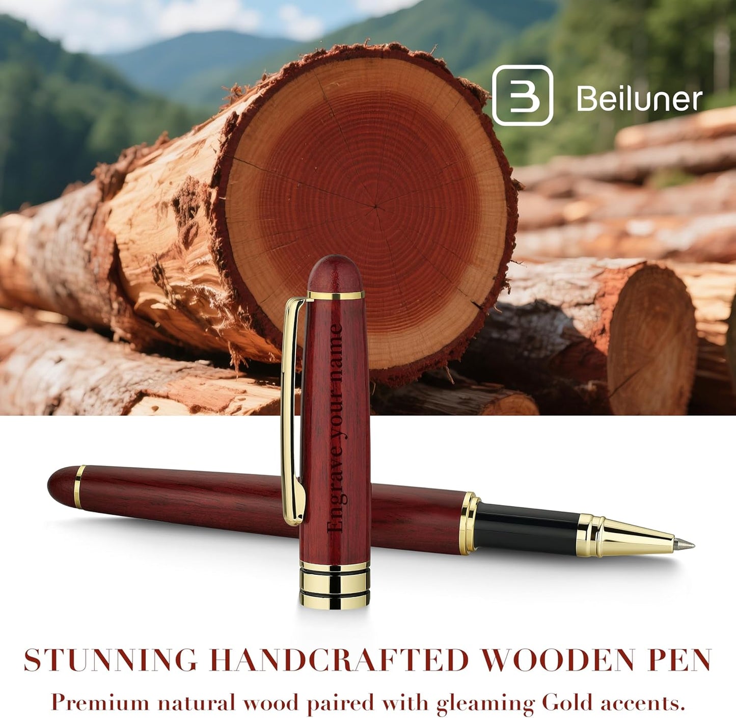BEILUNER Luxury Personalized Wood Ballpoint Pen Writing Set,Rosewood-Elegant Fancy Nice Gift Pen Set for Signature Executive Business Office Supplies - Christmas Gift Boxed with Extra Refills (Black)