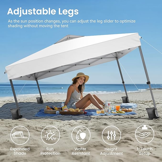 PHI VILLA 10x10 Pop Up Canopy Tent - One Push Setup, Instant Shade Tent with Vented Roof for Beach & Events - Includes Storage Bag, Sandbags, Stakes & Ropes (White)