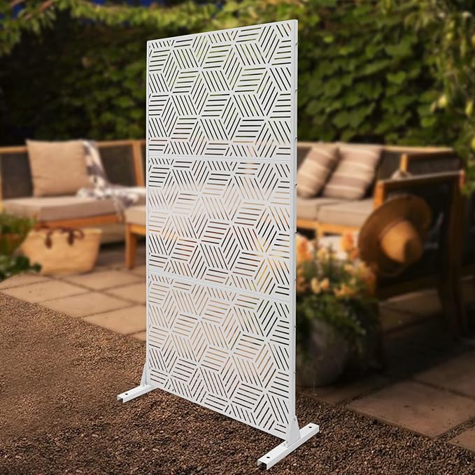 Outdoor Privacy Screens Freestanding, Rustproof Metal Decorative Fence Panels, Rhombic Pattern Tall Outdoor Divider Privacy Fence Screens for Outside Backyard Garden Patio,36.25x71.5inch (White)