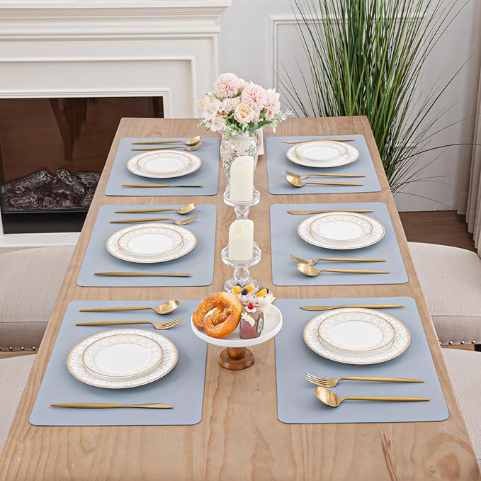 SHACOS Placemats Set of 6 Faux Leather Waterproof Leakproof Wipeable PU Non-Slip Vinyl Place Mats Heat Resistant Table Mats for Kitchen Dining Table Indoor Outdoor, Light Blue