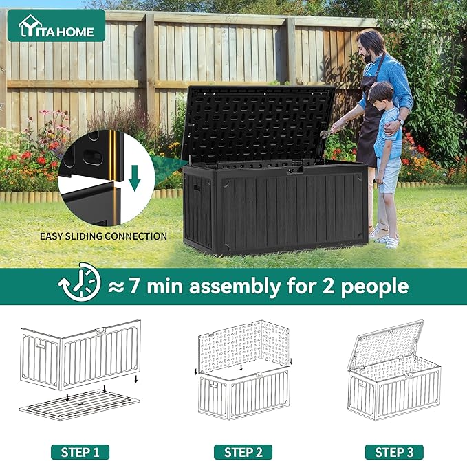 YITAHOME 90 Gallon Double-Wall Deck Box with Side Handles, Outdoor Large Storage for Patio Furniture Cushions, Garden Pool Accessories, Water Resistant & Lockable