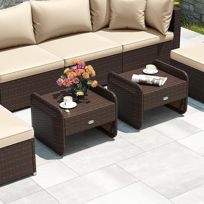 Tangkula 2 Pieces Patio PE Wicker Ottomans with Removable Cushions, Multipurpose Outdoor Furniture for Additional Seating, Footrest and Side Table, Outdoor Footstools for Porch, Backyard (Beige)
