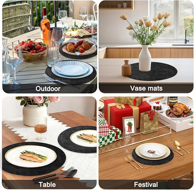 Round Faux Leather Placemats and Coasters, Set of 8, Reversible Heat Resistant Non-Slip Table Mats, Waterproof Wipeable Place Mats for Dining Table, Washable for Indoor & Outdoor (8, Black)