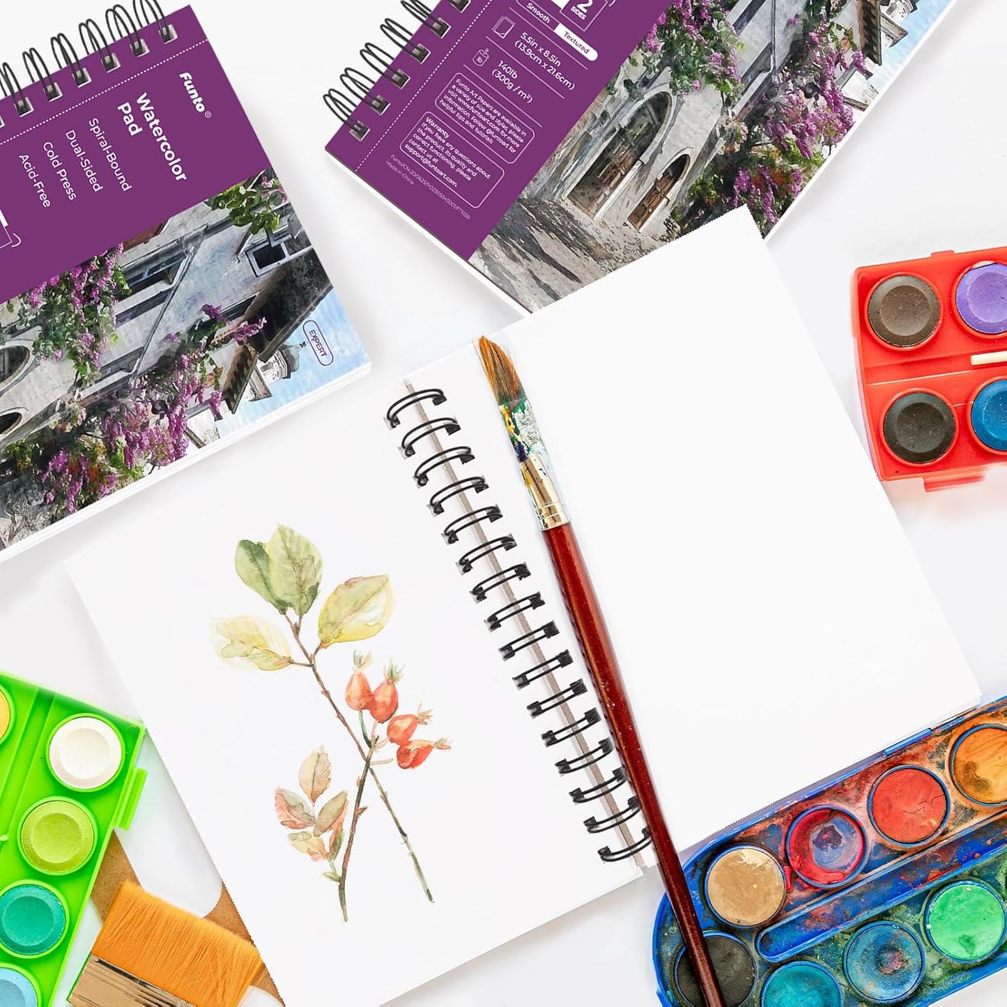 Funto Watercolor Pad 5.5x8.5, 30 Sheets, 140lb/300gsm, Double-Sided Cold Press, Spiral Bound, Heavyweight Paper for Watercolor Painting