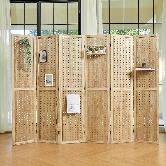 Pegboard Display, 5.6Ft Portable Freestanding Wall Organizer Wooden Room Divider Folding Privacy Screens for Craft Art Display Board (6panels, Natural)