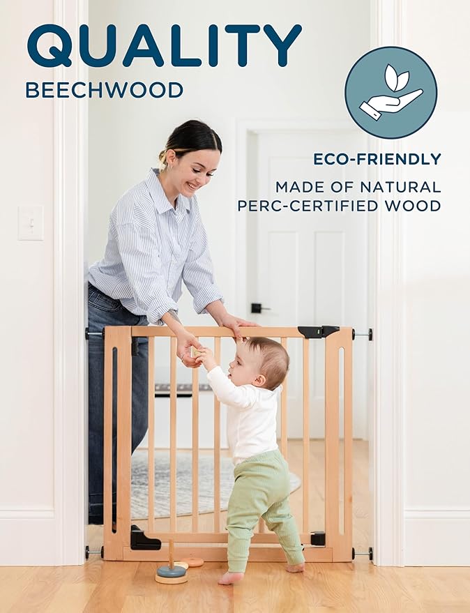 SizeWise™ Wood Pressure Mounted Safety Gate 31.1"-35" | Extra-Wide Passage | Auto-Close Two-Way Opening for Doorways and Hallways | Easy Installation | PEFC Certified Beech Wood (28.7" Passage)