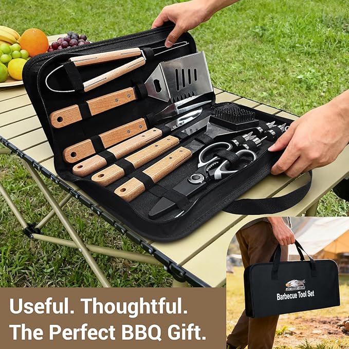 18pcs Wooden Grill Tool Set, BBQ Accessories Heavy Duty Stainless Steel Grill Utensils Set with Carry Bag Spatula, Fork, Tongs & Cleaning Brush and More Grilling Gifts for Christmas Men, Father’s Day