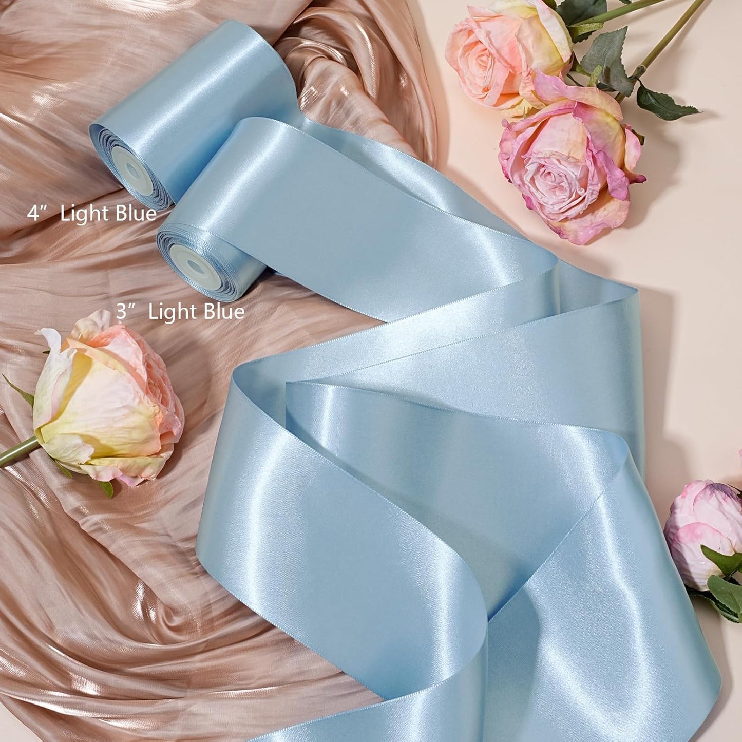 LaRibbons Light Blue Satin Ribbon 3 Inch 10 Yards Double Faced Luxury Baby Blue Silk Ribbon for Gift Wrapping Flower Bouquets Bow Christmas Wedding Party Decoration