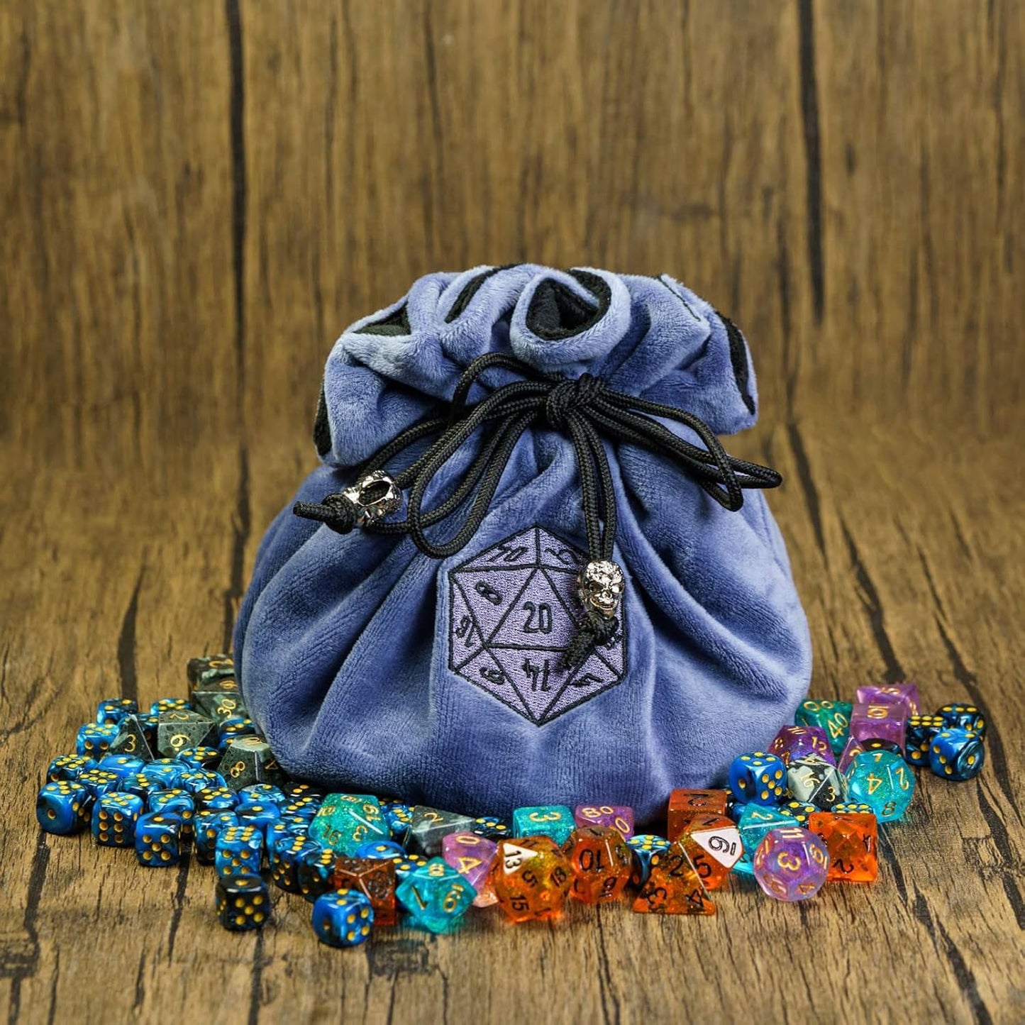 DND Dice Bags Large with Pockets Blue Storage Bag with D20 Logo for Dungeon and Dragons RPG Game Dices - Capacity 200+ Dice