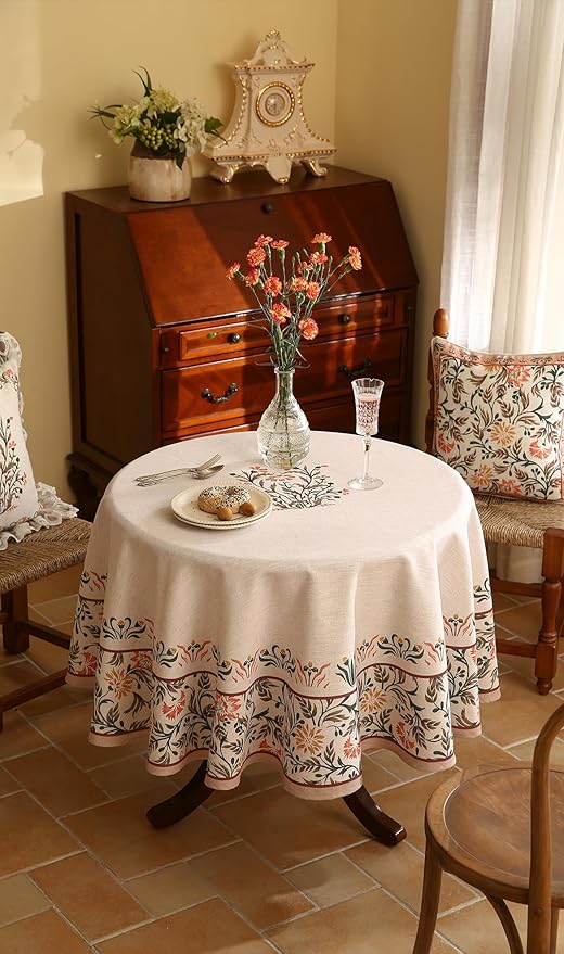 ISAENNE Floral Tablecloth for Round Tables,Linen Table Cloth with Double-Edged Lily Pattern,Heavy Durable Table Cover for Dining Thanksgiving Kitchen Decor Party Christmas,Diameter 67"