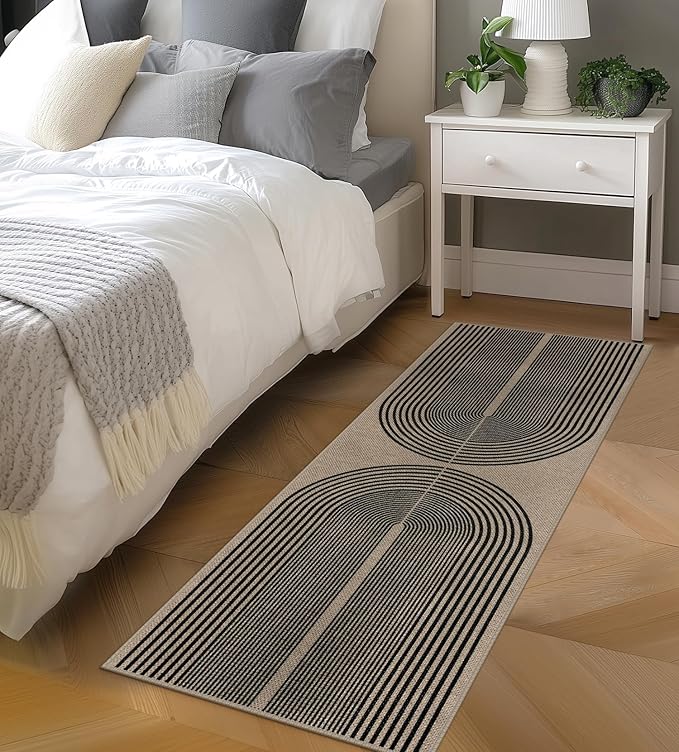 Easy Jute Rainbow Runner Rug, 2x6 Washable Rugs Runner for Hallway Non-Slip Boho Farmhouse Kitchen Runner Rug, Black and Nature Abstract Outdoor Carpet for Porch Laundry Entryway
