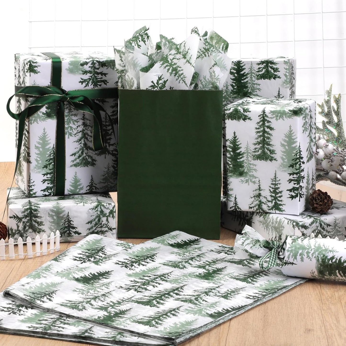 100 Sheets Christmas Tree Tissue Paper, 20x14in Forest Style Wrapping Tissue Watercolor Xmas Tree Art Tissue for Xmas Party Gift Bag Fillers Winter Party Decor (Green)