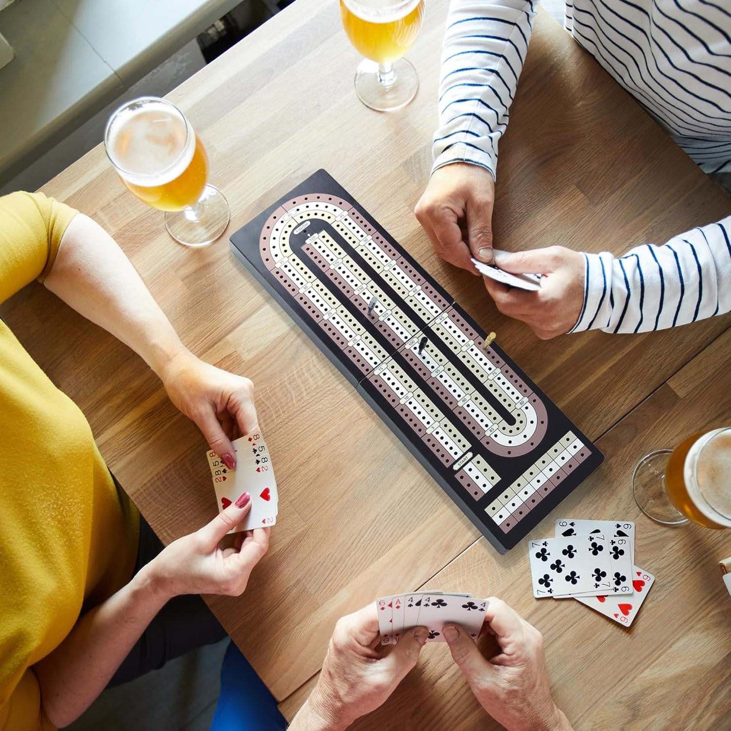Cribbage Board Game Set - Wooden Foldable 3-Track Board with Magnetic Closure, 9 Metal Pegs, Playing Cards, Portable Family Travel Game for Gatherings and Gifts