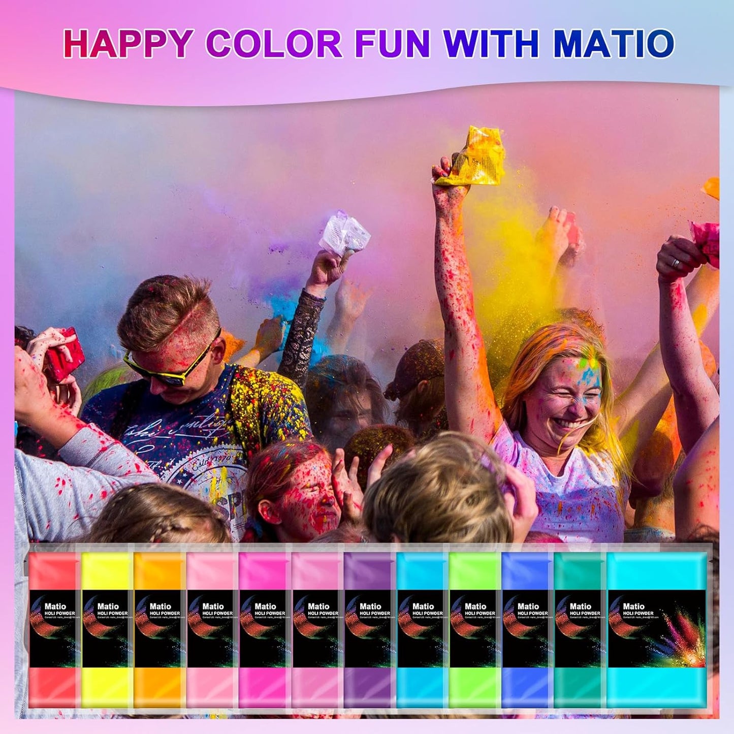 Matio Color Run Powder, 12 Pack 3.5oz/100g Each Natural Holi Powders Assorted Coloring Rangoli Bulk, Washable Chalk Powders Paint for Color War, Summer Camp, Photography Smoke, Gender Reveals
