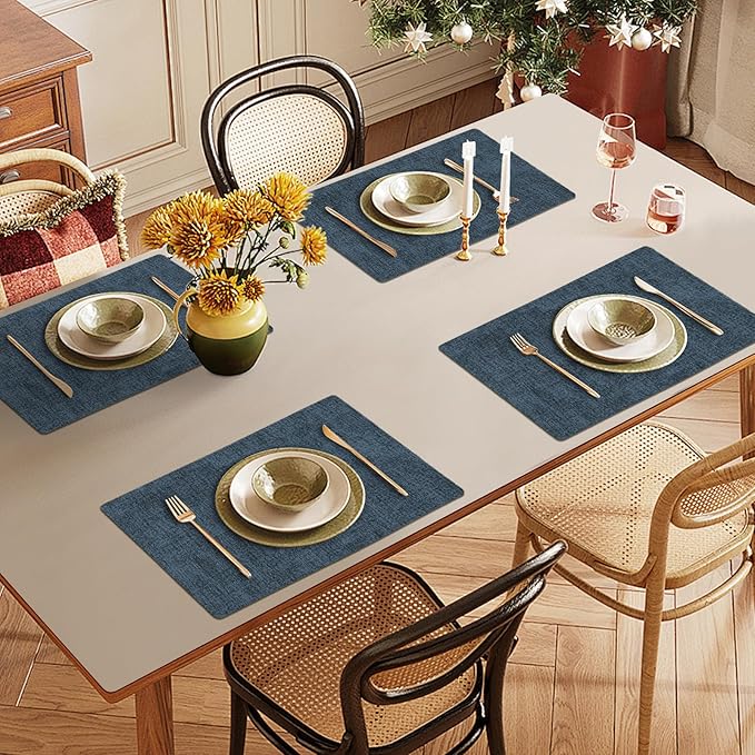 Faux Leather Heat Resistant Placemats Set of 4 – Waterproof Oilproof Wipeable Dining PU Vinyl Place Mat Easy Clean Table Mats for Kitchen/Dining/Party/Holiday, Navy Blue