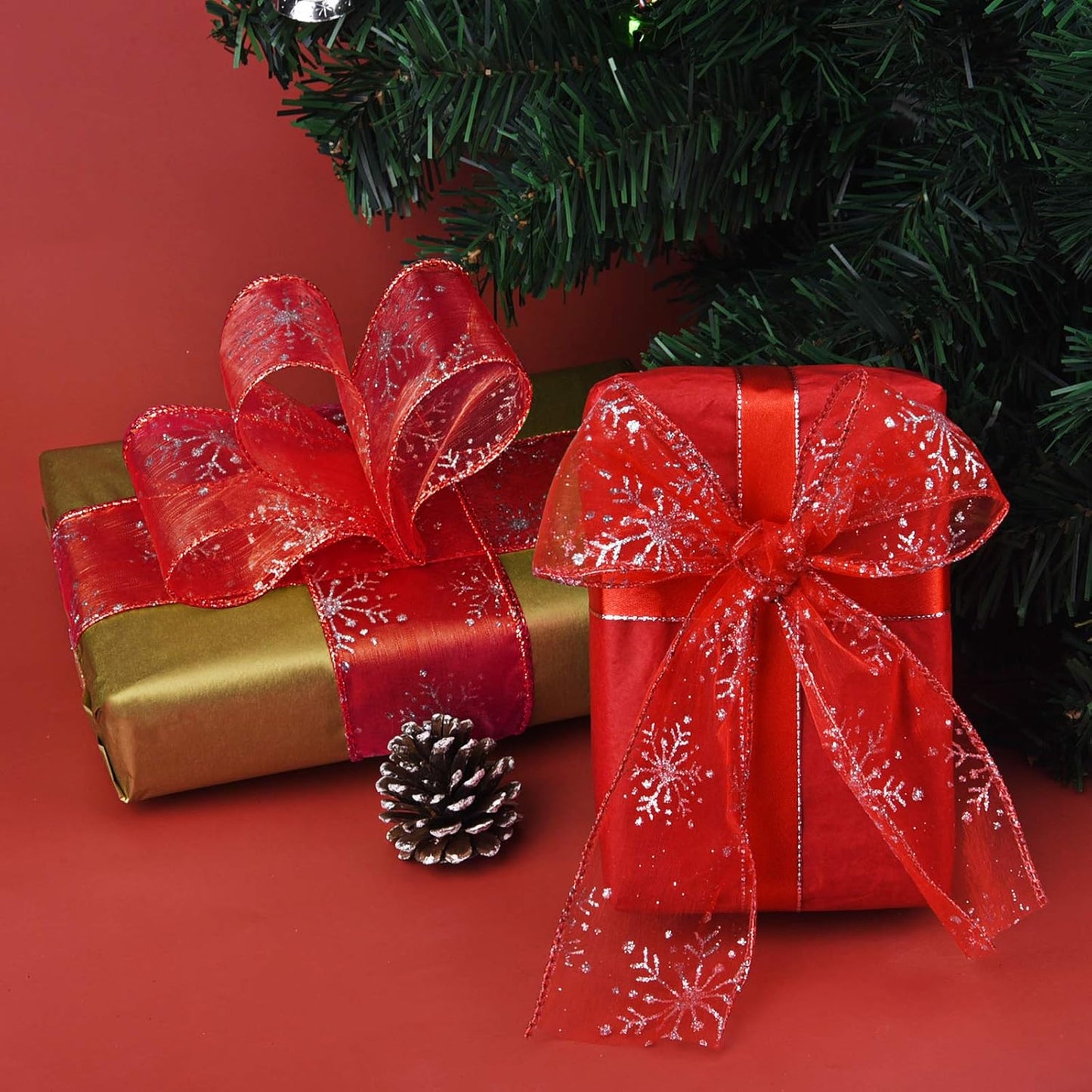 2.5 Inch Wide Christmas Wired Ribbon Snowflake Organza Sheer Glitter Ribbon for Xmas Tree, Wreath, Party Decoration, Gift Wrapping (Red, 21.9 Yards)