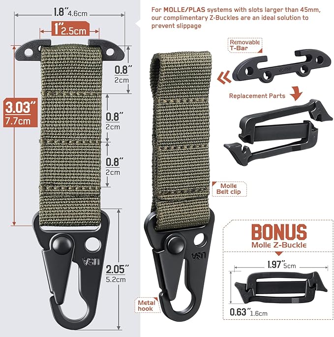 LIVANS Molle Belt Clip Key Holder Tactical Battle Belt Plate Carrier Vest Attachment Clip for Hanging Keys or Gloves, Universal Fit Molle Accessories Clip |T-Mount Clash Hook, Include Z-Buckle