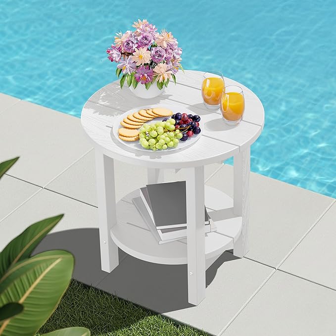 SERWALL Round Outdoor Side Table Set of 2, HDPE Small Adirondack Double End Table, White
