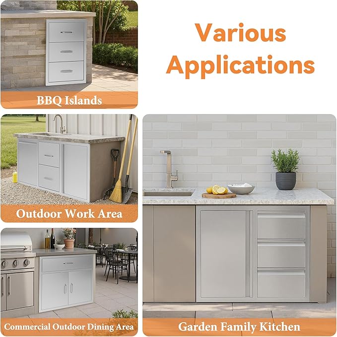 Jocisland Outdoor Kitchen Drawers 28" W×23" D×23" H Stainless Steel Drawers for Outdoor Kitchens, 3-Tier Cabinet & 3-Drawer Combo, Built-in BBQ Island Storage