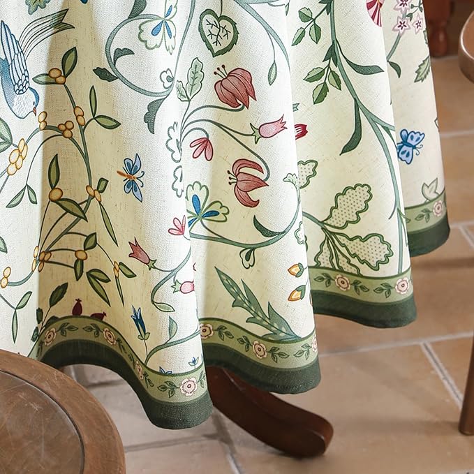 Linen 67 Inch Round Tablecloth,Wrinkle Resistant French White and Green Tablecloth Print with Froal,Decor Stitch Table Cloth for Thanksgiving,Dining Room,Home Diameter 67"-Idaho A