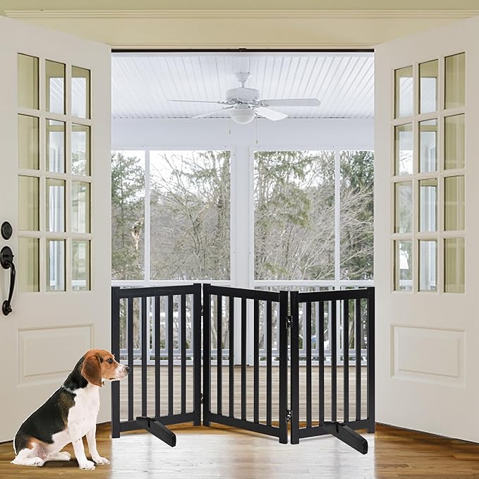 LZRS Freestanding Dog Gate 30 inch Tall - 3 Panels Solid Wooden Pet Gate for Doorways, Stairs & Hallways, Expandable & Foldable with Support Feet,Indoor Use,Black