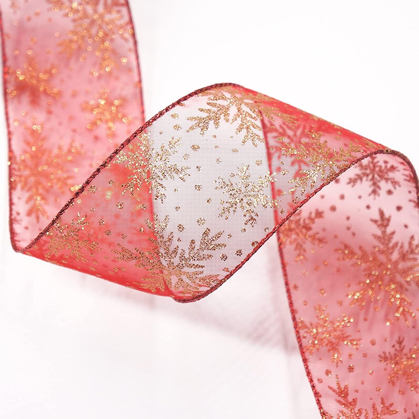 CT CRAFT LLC Organza with Red Glitter Snowflakes Wired Ribbon 2.5 inch x 50 Yards for Christmas Home Decor Tree Topper Bow Gift Wrapping DIY Crafts Wreath Garland Wedding