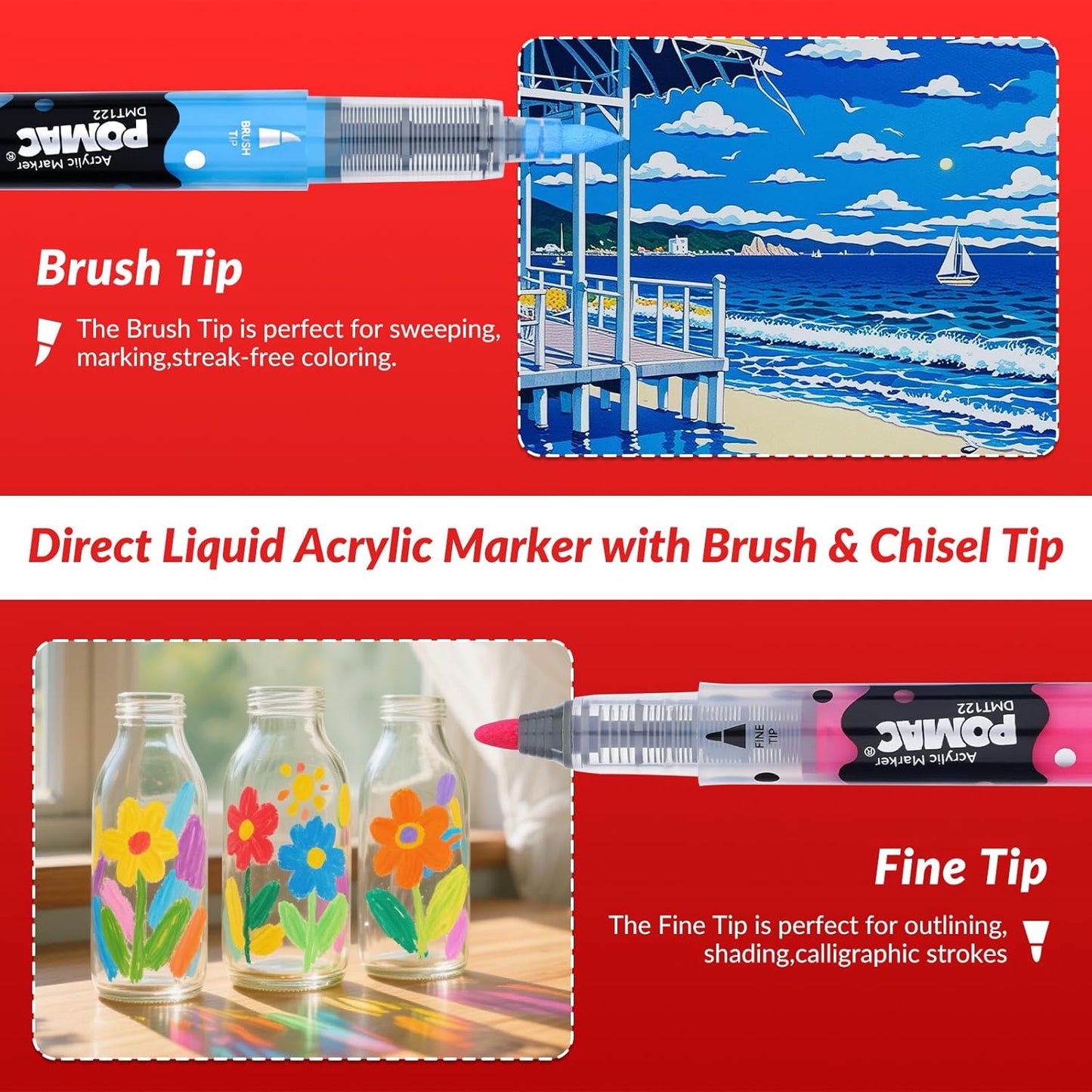 POMAC Dual Tip Acrylic Paint Markers Pens 36 Assorted Colors, Direct Liquid Acrylic Marker with Brush & Fine Tip, Water-Based Paint Marker for Fabric, Canvas, Rock, Glass, Wood, Crafts, Art Supplies