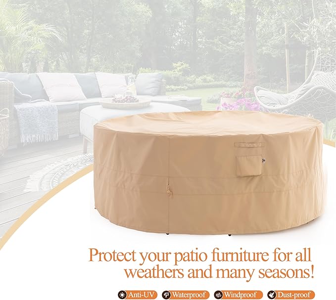 WJ-X3 Round Patio Furniture Cover, 96" D x 31" H, Waterproof, UV Resistant, Anti-Fading Outdoor Cover for Round Dining Table and Chairs Set, Beige