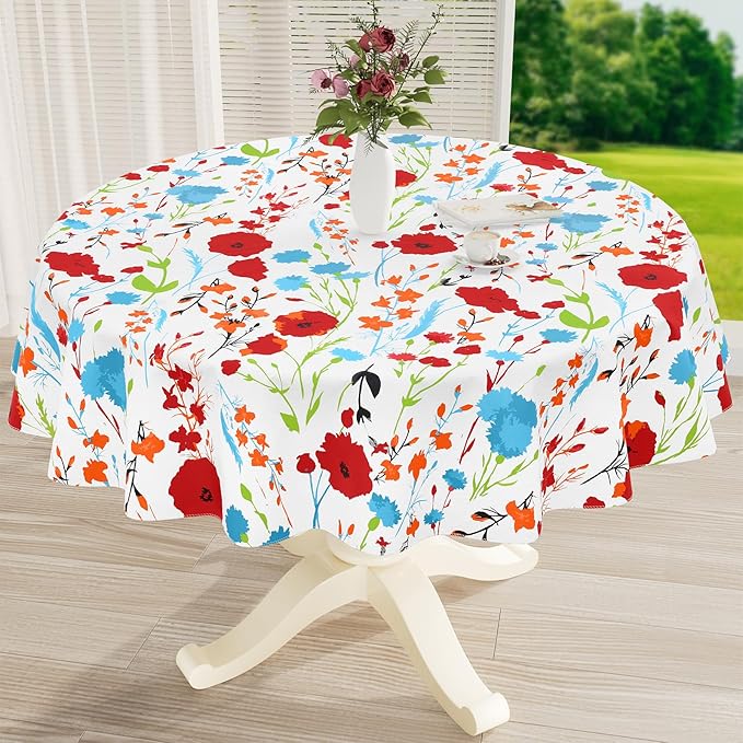 misaya Round Waterproof Vinyl Table Cloth, Wipeable Tablecloth with Flannel Backing, Plastic Table Cover for Dinner, Picnic, Indoor and Outdoor (Flowers, 60")