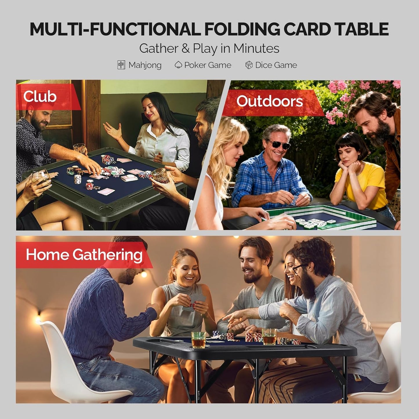 PEXMOR 35" Foldable Mahjong Table, 4 Player Card Game Table w/Cup Holders & Chip Grooves, Portable Folding Poker Domino Board Game Table for Blackjack, Texas Hold'em, Jigsaw Puzzles Game (Blue, 35")