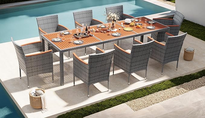 Devoko Outdoor Patio Dining Sets 9 Pieces Wicker Outdoor Dining Table and Chairs Set with Acacia Wood Table Top and Widened Armrests for Backyard, Garden, Deck (Grey)