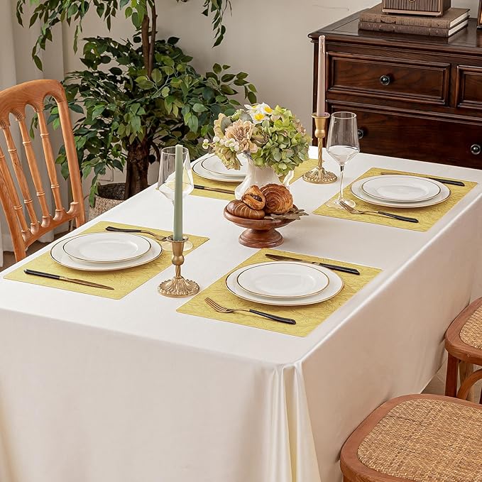 Romanstile Vinyl Placemats Set of 6-12 X 18 Inch - Heat Resistant Non-Slip Embossed Floral Place Mats 100% Waterproof Oilproof Wipeable Faux Leather Table Mats for Kitchen/Dining/Party, Yellow
