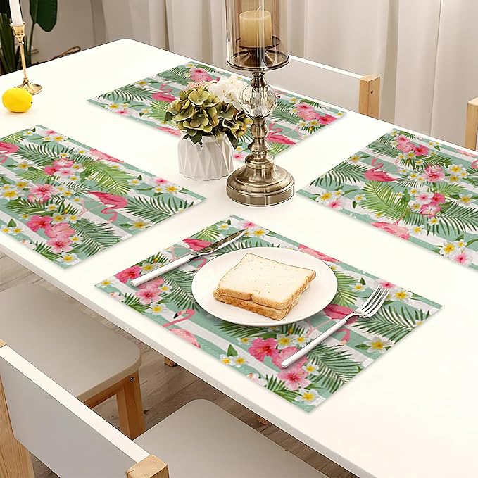 Flamingo Flowers Linen Placemats Set of 6,12x18 Inch Tropical Leaves Washable Table Mats Heat Resistant Place Mats for Home Party Kitchen Dining Decoration