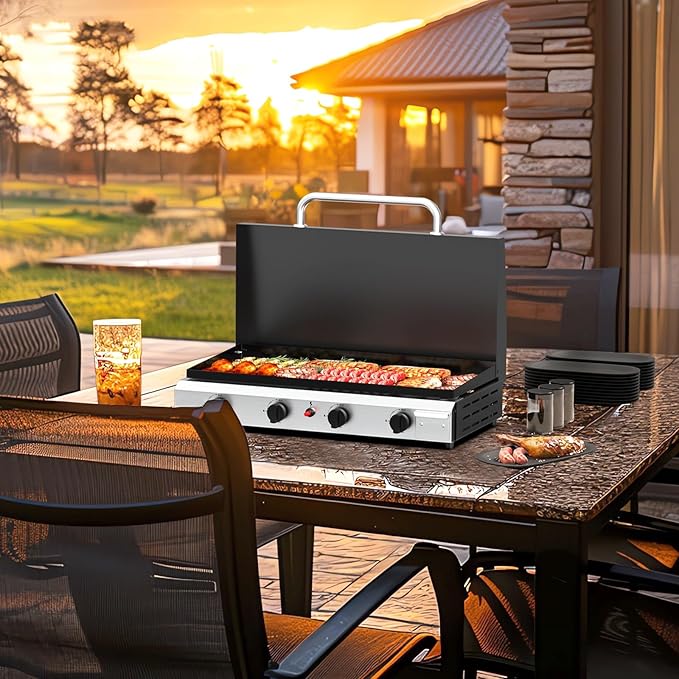 Bonnlo 4 Burner Portable Propane Griddle with Lid, 40000BTU Tabletop Flat Gas Grill with Ignition and Oil Collector, Camping Griddle for Outdoor Cooking Patio Backyard Sandbeach BBQ Party