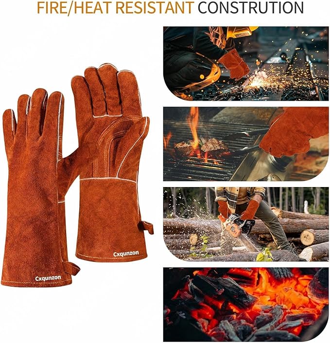 Leather Welding Gloves - Thick Premium Cow Split Leather, Heat Resistant, Welding, Grilling, BBQ & Fireplace