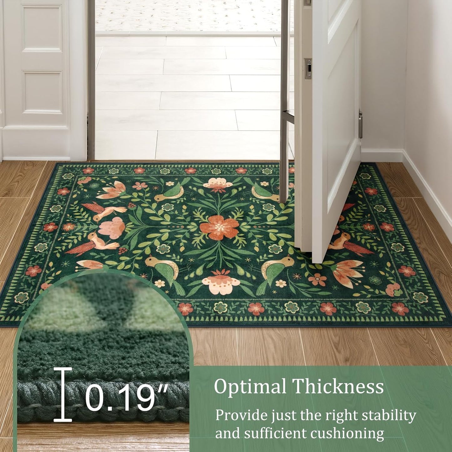 Morebes Washable Floral 5x7 Green Area Rug for Living Room, Large Boho Bird Rug for Bedroom Non Slip, Soft Vintage Plant Floor Carpet for Nursery Dining Kids Room Playroom Emerald Green