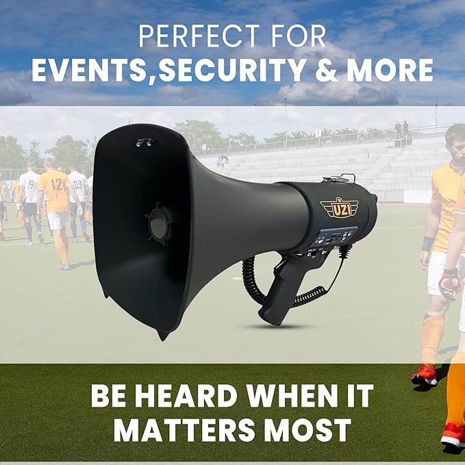 Uzi High Power Loud Big Bluetooth Megaphone 50W, Professional Bullhorn Megaphone Used by First Responders, Police & Agencies, Rechargeable Battery, PA System, Outdoor Activitie