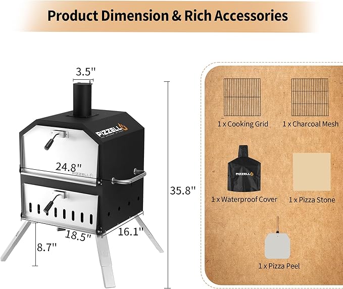 PIZZELLO Pizzello Outdoor Pizza Oven 16'' Large Wood Fired 2-Layer Pizza Ovens with Pizza Stone, Pizza Peel, Grill Grate, Oven Cover, Outside Pizza Maker for Camping Backyard BBQ, Pizzello Grande 16