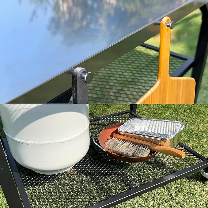 Pizza Oven Table for Ooni, Ninja, Woodfire, Blackstone, Bighorn, Cuisinart, Outdoor Grill Table for Ooni Pizza Oven Accessories, Movable Pizza Oven Stand as Food Prep Cart, Barbecue Tool Set