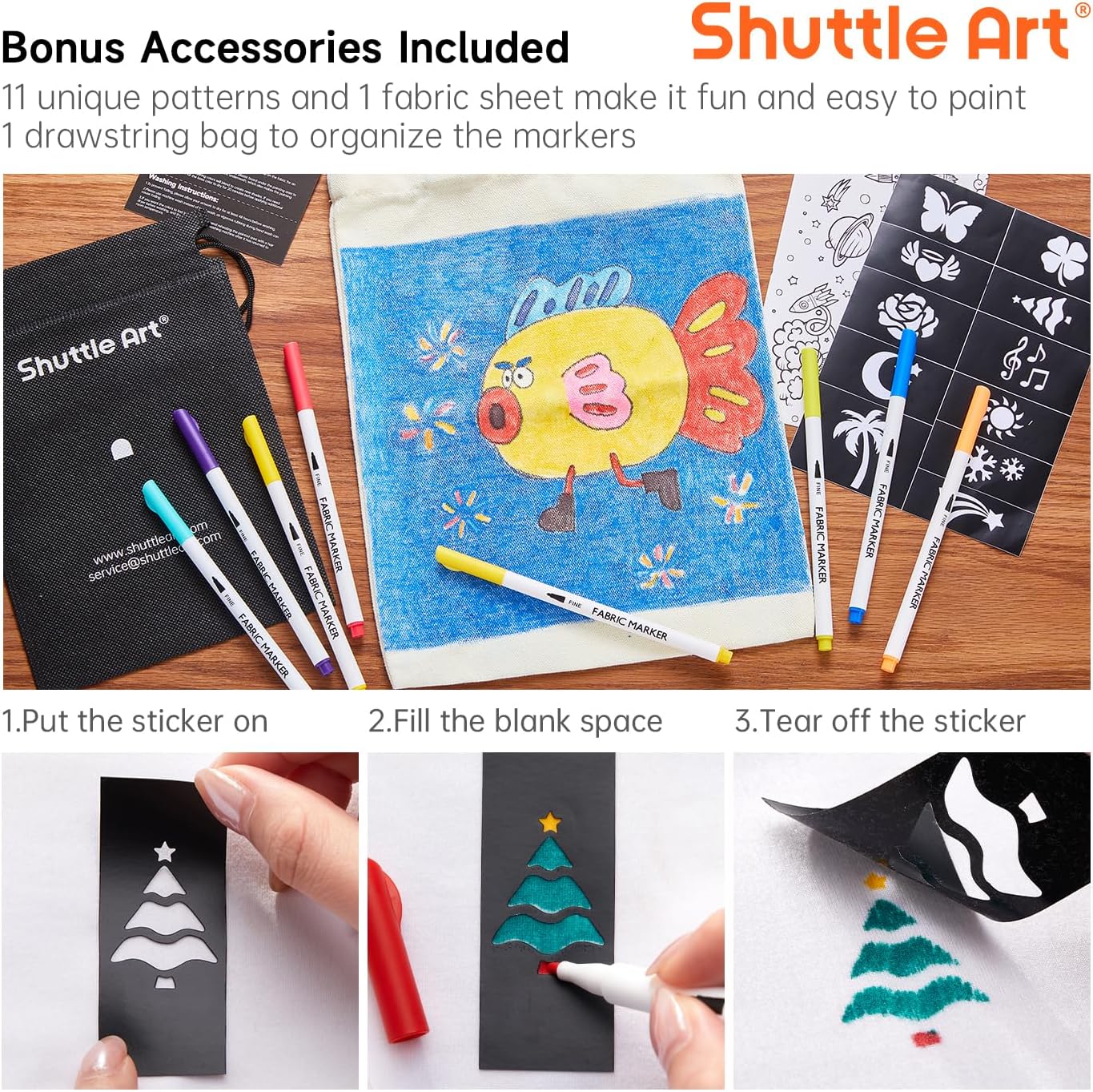 Shuttle Art 28 Colors Fabric Markers, Shirt Permanent Markers for Clothes Sneakers Jeans with 11 Stencils 1 Fabric Sheet, Fabric Pens for Kids Adult Painting Writing