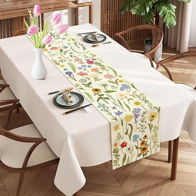 Summer Flower and Leaf Table Runner Seasonal Holiday Anniversary Indoor Outdoor Home Kitchen Table Party Decor (Colorful Flowers 3, 13×72 Inches)