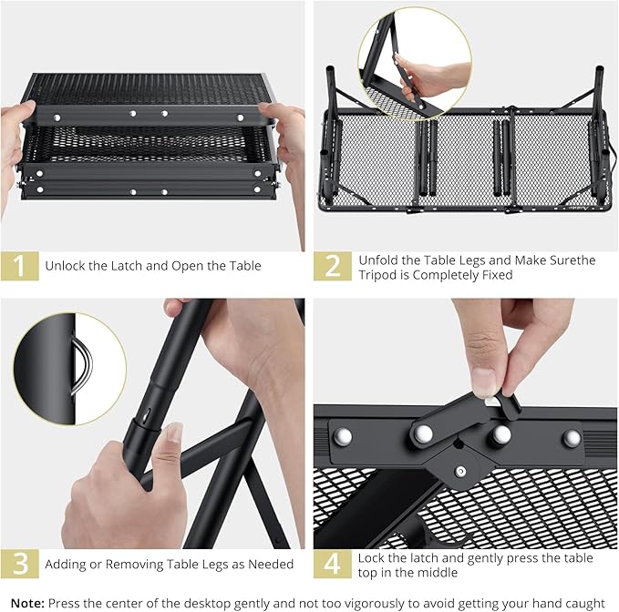 Anbte Folding Grill Table, 3ft Tri-Fold Aluminum Folding Table Adjustable Height Max 27.5" Grill Table with Mesh Desktop, Lightweight, Portable Handle for Outdoor Cooking BBQ Picnic (Black)